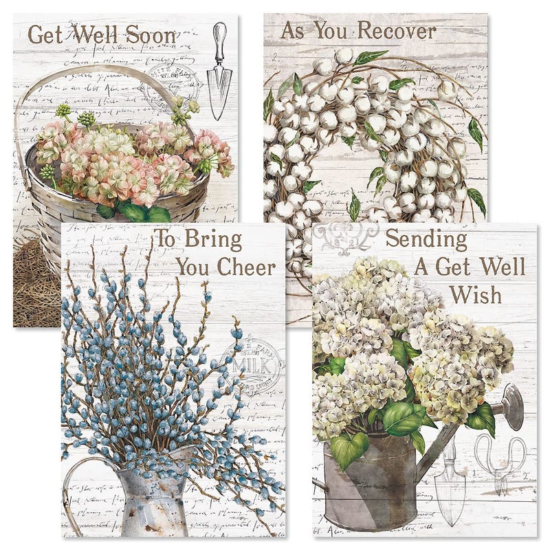 Current Farmhouse Get Well Greeting Cards - Set of 8 (4 Designs), Large 5" x 7", Sympathy Cards with Sentiments Inside, White Envelopes - Image 1